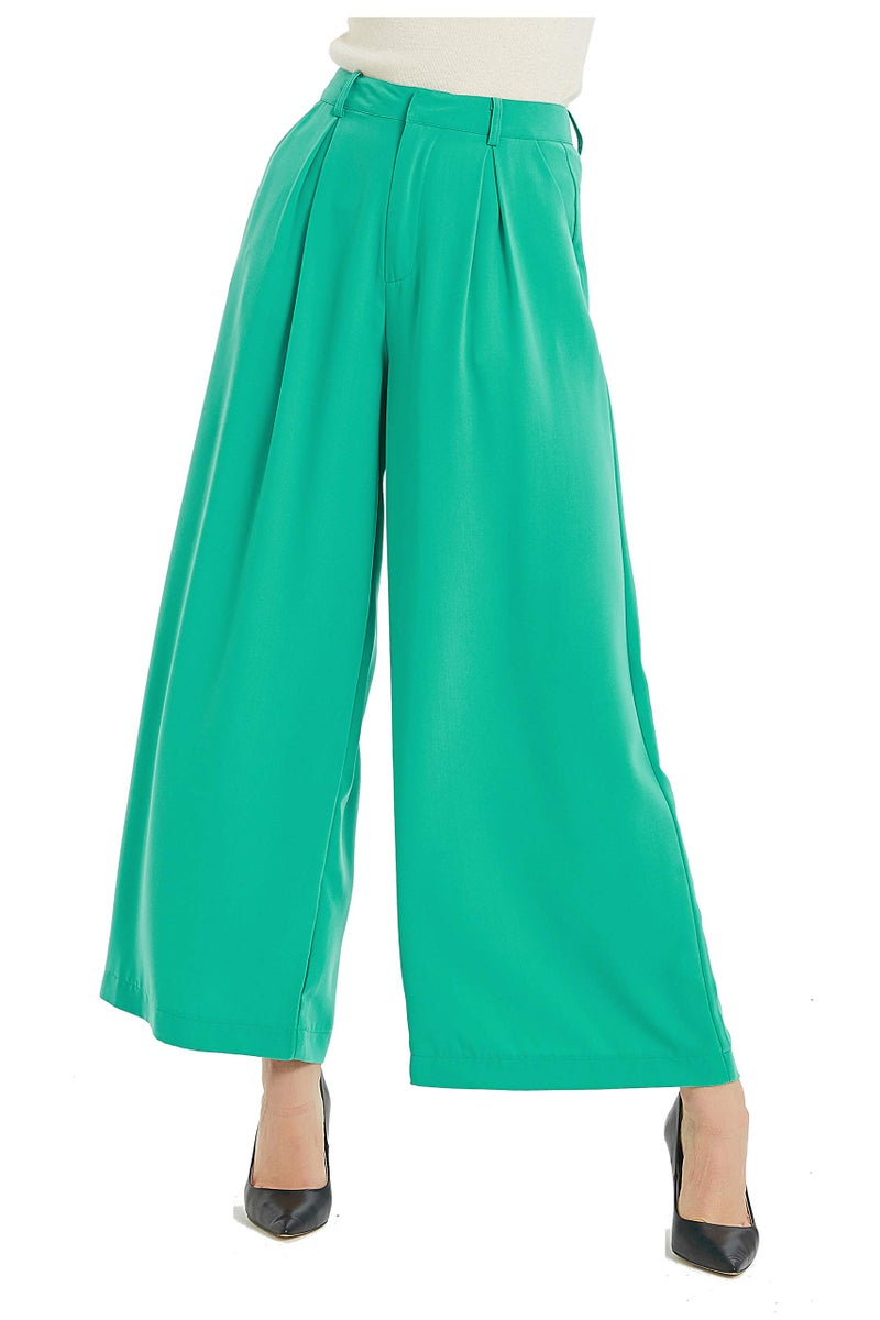 Tronjori Women High Waist Casual Wide Leg Long Palazzo Pants Trousers Regular Size(L, Green) - Image 1